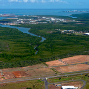 Wishart Business Precinct looking over Hudson Creek to Darwin Business Park & East Arm on left, Tivendale & Darwin CBD at right